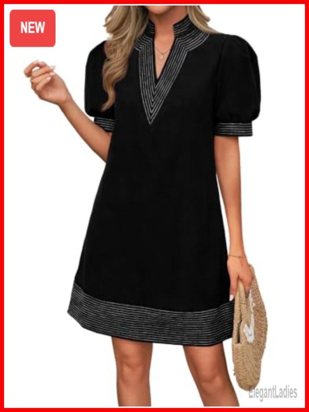 Womens Summer V Neck Puff Short Sleeve Boho Mini Shift Dress